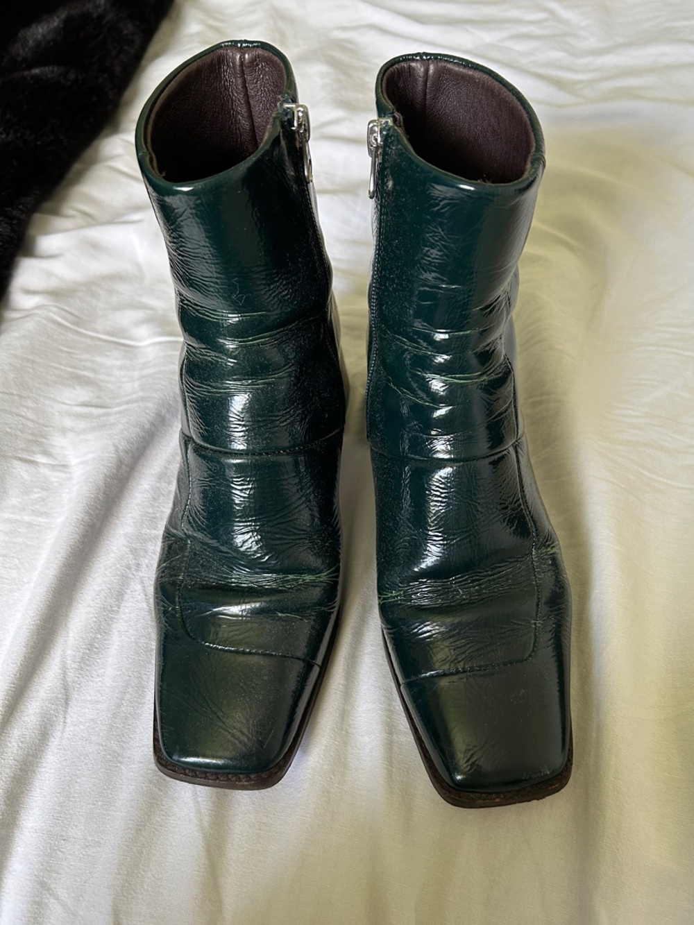 L'INTERVALLE Dark Green Patent Leather Square-Toe Ankle Boots